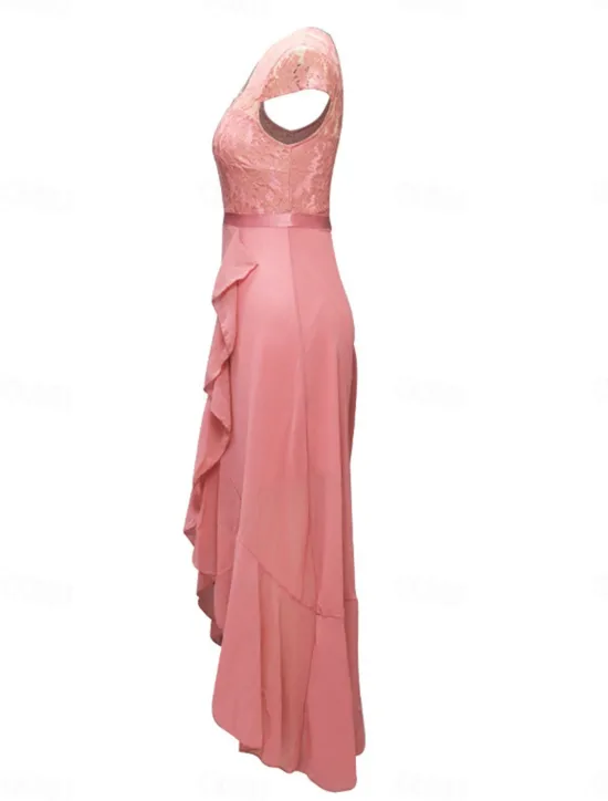 Clearance Women's Maxi Dress Lace Dress Cocktail Dress Wedding Guest Dress Chiffon Dress Elegant Formal Wedding Guest Cocktail Party Regular Fit Short Sleeve V Neck Black Pink Red Navy Blue Summer Women Cocktail Dress