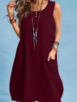 Hot Women's Maxi Dress Linen-Inspired Dresses Casual Dress Stylish Basic Casual Vacation Daily Regular Fit Plain Sleeveless Crew Neck Black Red Blue Summer Spring Women Dresses