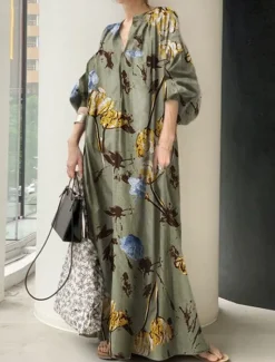 Outlet Women's Maxi Dress Linen-Inspired Dresses Swing Dress Elegant Vacation Daily Loose Fit Floral Long Sleeve V Neck Light Green Beige Spring Fall Women Dresses