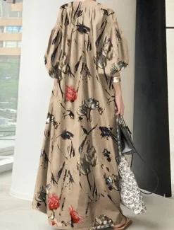 Outlet Women's Maxi Dress Linen-Inspired Dresses Swing Dress Elegant Vacation Daily Loose Fit Floral Long Sleeve V Neck Light Green Beige Spring Fall Women Dresses