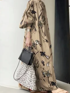 Outlet Women's Maxi Dress Linen-Inspired Dresses Swing Dress Elegant Vacation Daily Loose Fit Floral Long Sleeve V Neck Light Green Beige Spring Fall Women Dresses