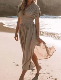 Sale Women's Maxi Dress Linen-Inspired Dresses Casual Dress Plain Dress Casual Sports & Outdoor Street Regular Fit Plain Half Sleeve V Neck Wine Orange Apricot Summer Spring Fall Women Dresses