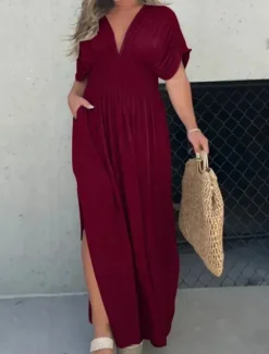 Sale Women's Maxi Dress Linen-Inspired Dresses Casual Dress Plain Dress Casual Sports & Outdoor Street Regular Fit Plain Half Sleeve V Neck Wine Orange Apricot Summer Spring Fall Women Dresses