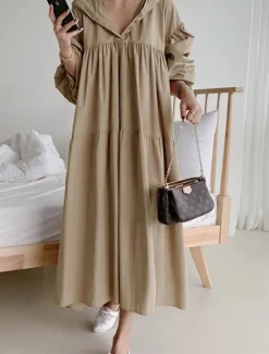 Outlet Women's Maxi Dress Linen-Inspired Dresses Shirt Dress Basic Casual Vacation Daily Regular Fit Plain Long Sleeve Hooded Black Khaki Spring Fall Women Dresses