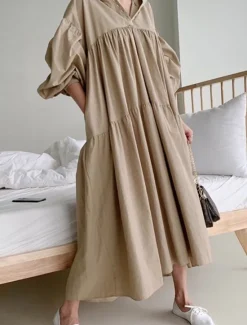 Outlet Women's Maxi Dress Linen-Inspired Dresses Shirt Dress Basic Casual Vacation Daily Regular Fit Plain Long Sleeve Hooded Black Khaki Spring Fall Women Dresses