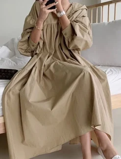 Outlet Women's Maxi Dress Linen-Inspired Dresses Shirt Dress Basic Casual Vacation Daily Regular Fit Plain Long Sleeve Hooded Black Khaki Spring Fall Women Dresses