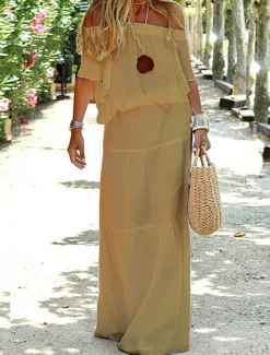 Online Women's Maxi Dress Linen-Inspired Dresses White Dress Casual Dress Summer Dress Streetwear Maxi Casual Vacation Street Holiday Regular Fit Half Sleeve Off Shoulder Black White Red Khaki Summer Women Dresses|White Dresses