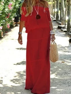 Online Women's Maxi Dress Linen-Inspired Dresses White Dress Casual Dress Summer Dress Streetwear Maxi Casual Vacation Street Holiday Regular Fit Half Sleeve Off Shoulder Black White Red Khaki Summer Women Dresses|White Dresses