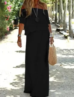 Online Women's Maxi Dress Linen-Inspired Dresses White Dress Casual Dress Summer Dress Streetwear Maxi Casual Vacation Street Holiday Regular Fit Half Sleeve Off Shoulder Black White Red Khaki Summer Women Dresses|White Dresses