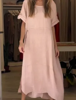 Online Women's Maxi Dress Linen-Inspired Dresses Casual Dress Plain Dress Casual Sports & Outdoor Street Regular Fit Plain Half Sleeve Crew Neck Pink Red Summer Spring Fall Women Dresses