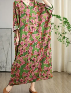 Clearance Women's Maxi Dress Linen-Inspi Dresses Casual Dress Stylish Casual Vacation Daily Regular Fit Floral Long Sleeve V Neck Spring Fall Women Dresses