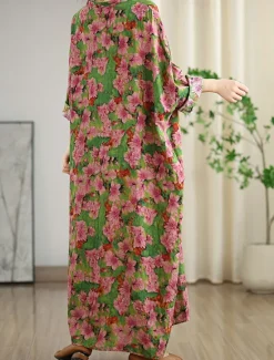 Clearance Women's Maxi Dress Linen-Inspi Dresses Casual Dress Stylish Casual Vacation Daily Regular Fit Floral Long Sleeve V Neck Spring Fall Women Dresses