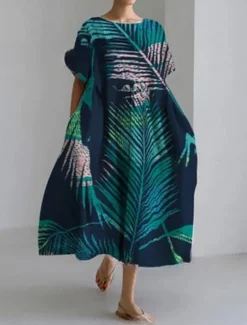 Sale Women's Maxi Dress Linen-Inspired Dresses Casual Dress Swing Dress Casual Daily Regular Fit Floral Long Sleeve Crew Neck Navy Blue Blue Green Spring Fall Women Dresses
