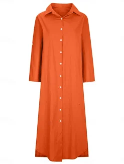 Women's Maxi Dress Linen-Inspired Dresses Elegant Vintage Stylish Vacation Daily Date Loose Fit Plain Long Sleeve Shirt Collar White Orange Spring Fall Women Dresses