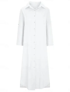 Women's Maxi Dress Linen-Inspired Dresses Elegant Vintage Stylish Vacation Daily Date Loose Fit Plain Long Sleeve Shirt Collar White Orange Spring Fall Women Dresses