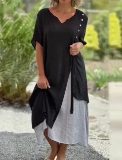 Women's Maxi Dress Linen-Inspired Dresses Casual Dress Plain Dress Cotton Maxi Dress Casual Sports & Outdoor Street Regular Fit Plain 3/4 Length Sleeve Stand Collar Black Khaki Summer Women Dresses