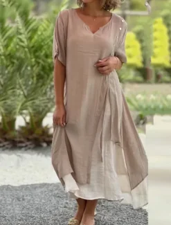 Women's Maxi Dress Linen-Inspired Dresses Casual Dress Plain Dress Cotton Maxi Dress Casual Sports & Outdoor Street Regular Fit Plain 3/4 Length Sleeve Stand Collar Black Khaki Summer Women Dresses