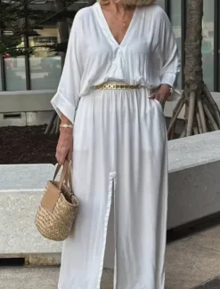 Outlet Women's Maxi Dress Linen-Inspired Dresses Casual Dress Basic Casual Vacation Daily Regular Fit Plain 3/4 Length Sleeve V Neck Black White Summer Spring Women Dresses