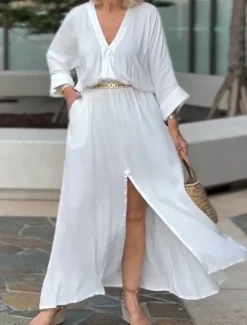Outlet Women's Maxi Dress Linen-Inspired Dresses Casual Dress Basic Casual Vacation Daily Regular Fit Plain 3/4 Length Sleeve V Neck Black White Summer Spring Women Dresses
