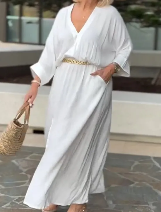 Outlet Women's Maxi Dress Linen-Inspired Dresses Casual Dress Basic Casual Vacation Daily Regular Fit Plain 3/4 Length Sleeve V Neck Black White Summer Spring Women Dresses