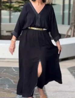 Outlet Women's Maxi Dress Linen-Inspired Dresses Casual Dress Basic Casual Vacation Daily Regular Fit Plain 3/4 Length Sleeve V Neck Black White Summer Spring Women Dresses