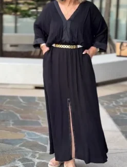 Outlet Women's Maxi Dress Linen-Inspired Dresses Casual Dress Basic Casual Vacation Daily Regular Fit Plain 3/4 Length Sleeve V Neck Black White Summer Spring Women Dresses