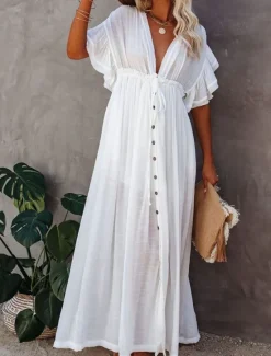 Discount Women's Maxi Dress Linen-Inspired Dresses White Dress Swing Dress Summer Dress Streetwear Maxi Basic Vacation Holiday Beach Loose Fit Short Sleeve V Neck Black White Khaki Beige Summer Women Dresses|White Dresses