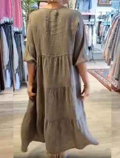 Sale Women's Maxi Dress Linen-Inspired Dresses White Dress Sundress White Cotton Dress Casual Vacation Daily Loose Fit 3/4 Length Sleeve Notched Neck Khaki Beige Summer Spring Women Dresses