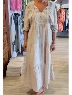 Sale Women's Maxi Dress Linen-Inspired Dresses White Dress Sundress White Cotton Dress Casual Vacation Daily Loose Fit 3/4 Length Sleeve Notched Neck Khaki Beige Summer Spring Women Dresses