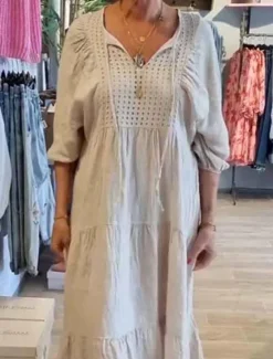 Sale Women's Maxi Dress Linen-Inspired Dresses White Dress Sundress White Cotton Dress Casual Vacation Daily Loose Fit 3/4 Length Sleeve Notched Neck Khaki Beige Summer Spring Women Dresses