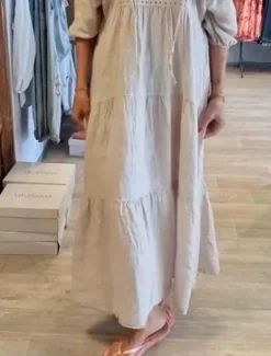 Sale Women's Maxi Dress Linen-Inspired Dresses White Dress Sundress White Cotton Dress Casual Vacation Daily Loose Fit 3/4 Length Sleeve Notched Neck Khaki Beige Summer Spring Women Dresses