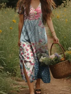 Women's Maxi Dress Paisley Dress Casual Dress Long Sleeve Boho Dress A Line Dress Bohemia Vacation Vintage Vacation Daily Regular Fit Floral Short Sleeve V Neck Summer Spring Women T Shirt Dresses