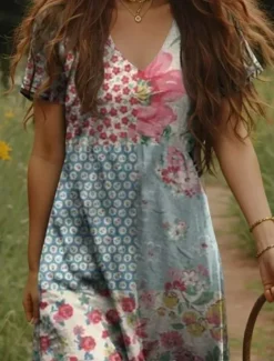 Women's Maxi Dress Paisley Dress Casual Dress Long Sleeve Boho Dress A Line Dress Bohemia Vacation Vintage Vacation Daily Regular Fit Floral Short Sleeve V Neck Summer Spring Women T Shirt Dresses
