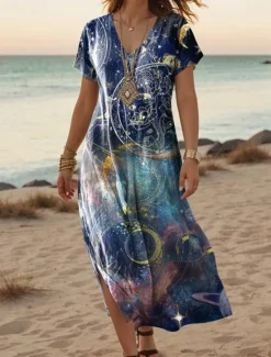 Sale Women's Maxi Dress Paisley Dress Casual Dress Long Sleeve Boho Dress A Line Dress Bohemia Vacation Vintage Vacation Daily Regular Fit Floral Short Sleeve V Neck Pink Navy Blue Blue Light Purple Women Vacation Dresses