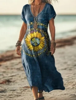 Sale Women's Maxi Dress Paisley Dress Casual Dress Long Sleeve Boho Dress A Line Dress Bohemia Vacation Vintage Vacation Daily Regular Fit Floral Short Sleeve V Neck Pink Navy Blue Blue Light Purple Women Vacation Dresses