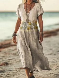Sale Women's Maxi Dress Paisley Dress Casual Dress Long Sleeve Boho Dress A Line Dress Bohemia Vacation Vintage Vacation Daily Regular Fit Floral Short Sleeve V Neck Pink Navy Blue Blue Light Purple Women Vacation Dresses