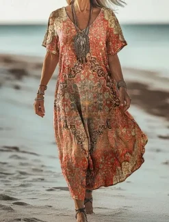 Sale Women's Maxi Dress Paisley Dress Casual Dress Long Sleeve Boho Dress A Line Dress Bohemia Vacation Vintage Vacation Daily Regular Fit Floral Short Sleeve V Neck Pink Navy Blue Blue Light Purple Women Vacation Dresses