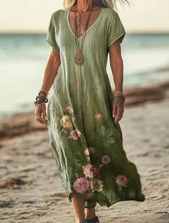 Sale Women's Maxi Dress Paisley Dress Casual Dress Long Sleeve Boho Dress A Line Dress Bohemia Vacation Vintage Vacation Daily Regular Fit Floral Short Sleeve V Neck Pink Navy Blue Blue Light Purple Women Vacation Dresses