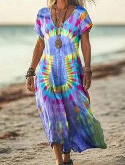 Sale Women's Maxi Dress Paisley Dress Casual Dress Long Sleeve Boho Dress A Line Dress Bohemia Vacation Vintage Vacation Daily Regular Fit Floral Short Sleeve V Neck Pink Navy Blue Blue Light Purple Women Vacation Dresses