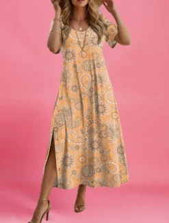 Hot Women's Maxi Dress Paisley Dress Casual Dress Maxi Dress Sundress Ethnic Tribal Vacation Street Holiday Regular Fit Paisley Short Sleeve Crew Neck Red Blue Purple Orange Summer Women T Shirt Dresses