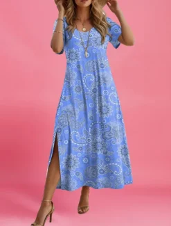 Hot Women's Maxi Dress Paisley Dress Casual Dress Maxi Dress Sundress Ethnic Tribal Vacation Street Holiday Regular Fit Paisley Short Sleeve Crew Neck Red Blue Purple Orange Summer Women T Shirt Dresses