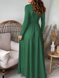 Online Women's Maxi Dress Party Dress Cocktail Dress Wedding Guest Dress Chiffon Dress Elegant Stylish Ethnic Vacation Party Daily Regular Fit Plain Long Sleeve V Neck Blue Green Spring Fall Women Cocktail Dress