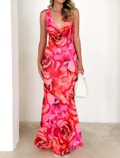 New Women's Maxi Dress Party Dress Bodycon Sexy Party Wedding Guest Engagement Regular Fit Floral Sleeveless Cowl Neck Summer Spring Fall Women Floral Dresses