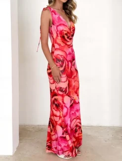 New Women's Maxi Dress Party Dress Bodycon Sexy Party Wedding Guest Engagement Regular Fit Floral Sleeveless Cowl Neck Summer Spring Fall Women Floral Dresses