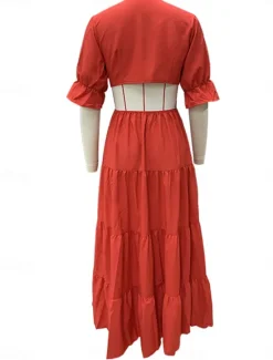Clearance Women's Maxi Dress Party Dress A Line Dress Elegant Stylish Casual Flared Sleeve Party Date Regular Fit Plain Long Sleeve V Neck Red Blue Spring Fall Winter Women Cocktail Dress