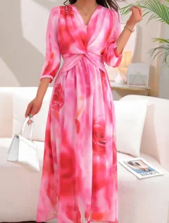Best Women's Maxi Dress Print Dress Graphic Fashion Elegant Dress Party Daily Date High Waist 3/4 Length Sleeve V Neck Dress Regular Fit Red Blue Spring Fall S M L Women Floral Dresses