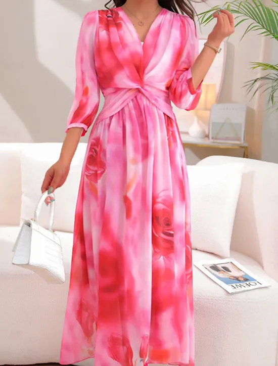 Best Women's Maxi Dress Print Dress Graphic Fashion Elegant Dress Party Daily Date High Waist 3/4 Length Sleeve V Neck Dress Regular Fit Red Blue Spring Fall S M L Women Floral Dresses