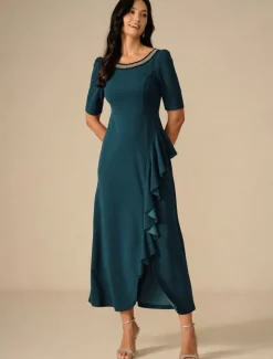 Outlet Women's Maxi Dress Ruffle Dress Elegant Regular Fit Solid Color Short Sleeve Crew Neck Summer Spring Fall Women Cocktail Dress