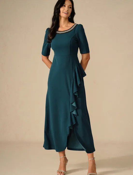 Outlet Women's Maxi Dress Ruffle Dress Elegant Regular Fit Solid Color Short Sleeve Crew Neck Summer Spring Fall Women Cocktail Dress