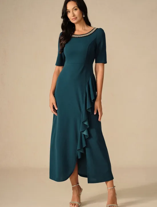 Outlet Women's Maxi Dress Ruffle Dress Elegant Regular Fit Solid Color Short Sleeve Crew Neck Summer Spring Fall Women Cocktail Dress